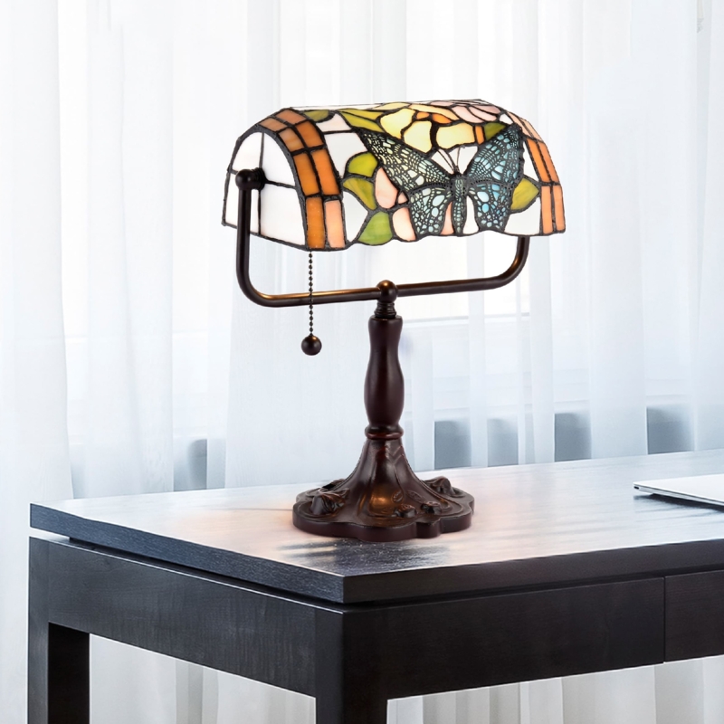 Banker Lamp Art Nouveau Butterfly Shade Dark Bronze U-Shaped Arm