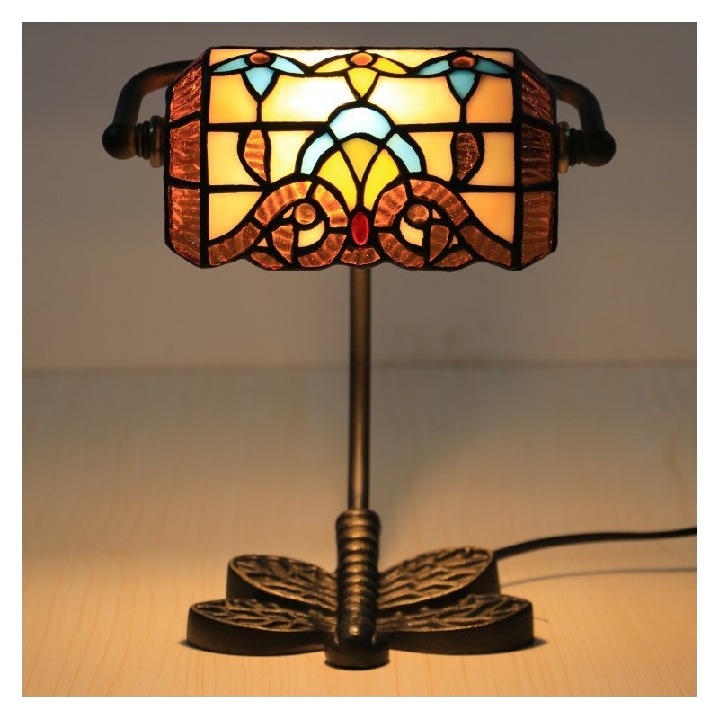 Banker Lamp Baroque Leaded Glass Scrolling Motif Dragonfly Base