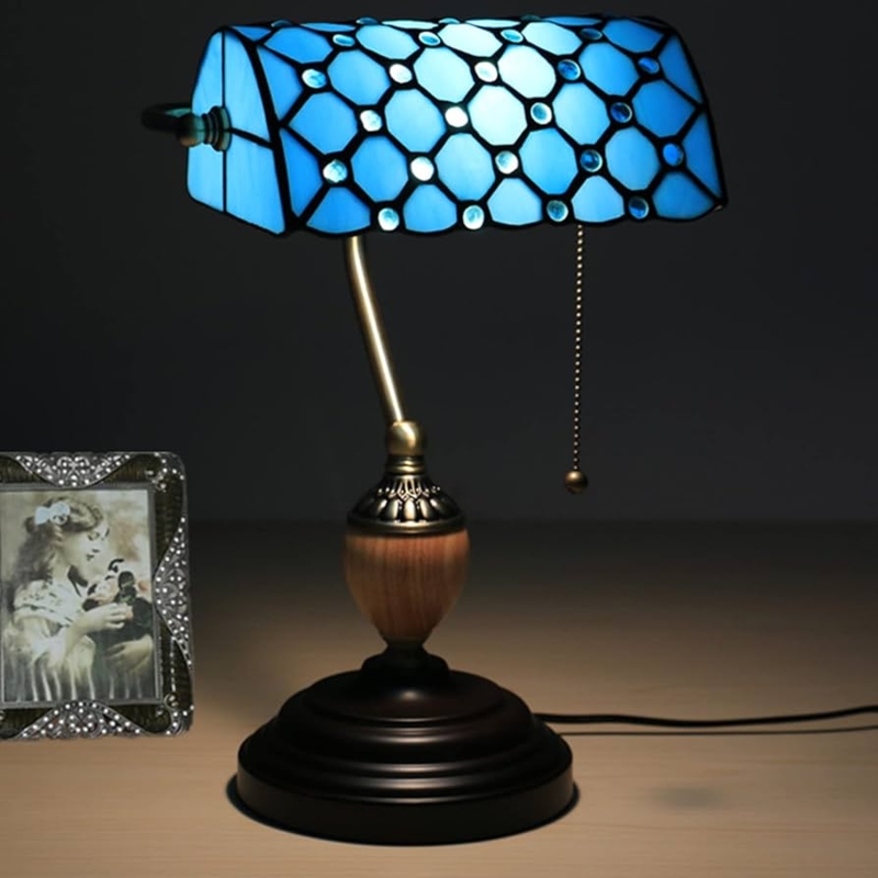 Banker Lamp Blue Stained Glass Crystal Bead Inlays Wood Accent