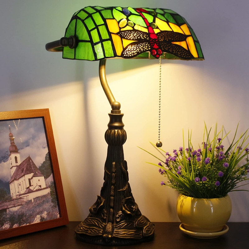 Banker Lamp Emerald Green Dragonfly Motif Curved Arm Bronze