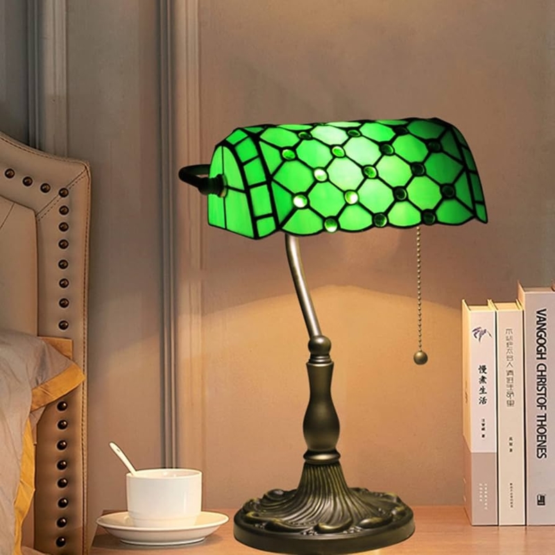 Banker Lamp Emerald Green Lattice Crystal Bead Accents