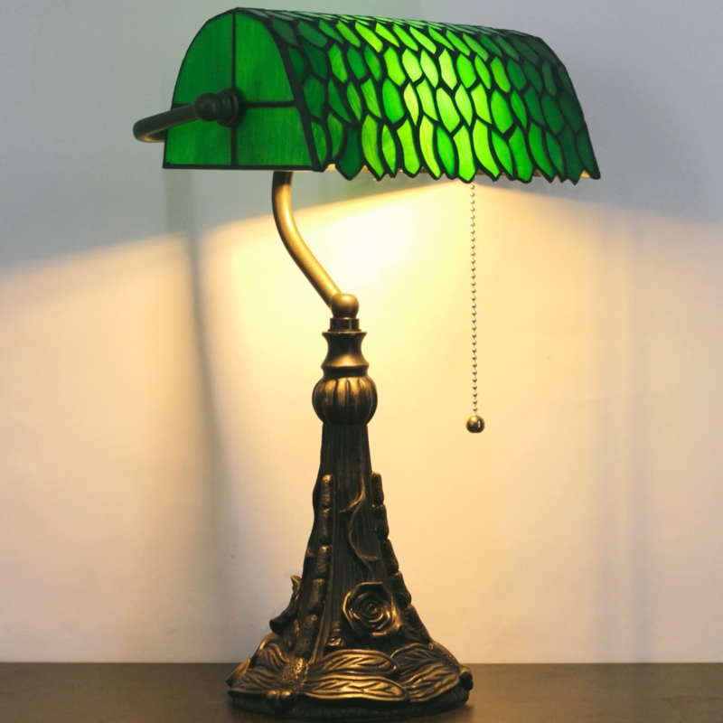 Banker Lamp Emerald Green Wisteria Leaf Pattern Ornate Base