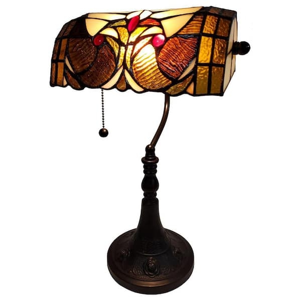 Banker Lamp Jeweled Glass Accents Floral Scroll Curved Neck
