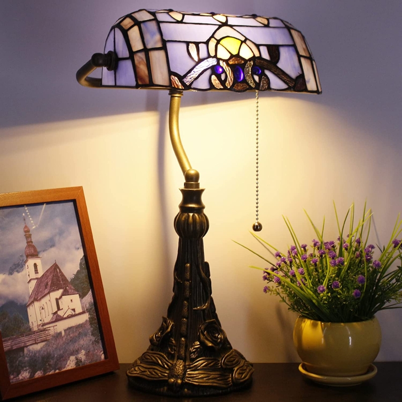 Banker Lamp Lavender Blue Stained Glass Dragonfly Base Antique Bronze
