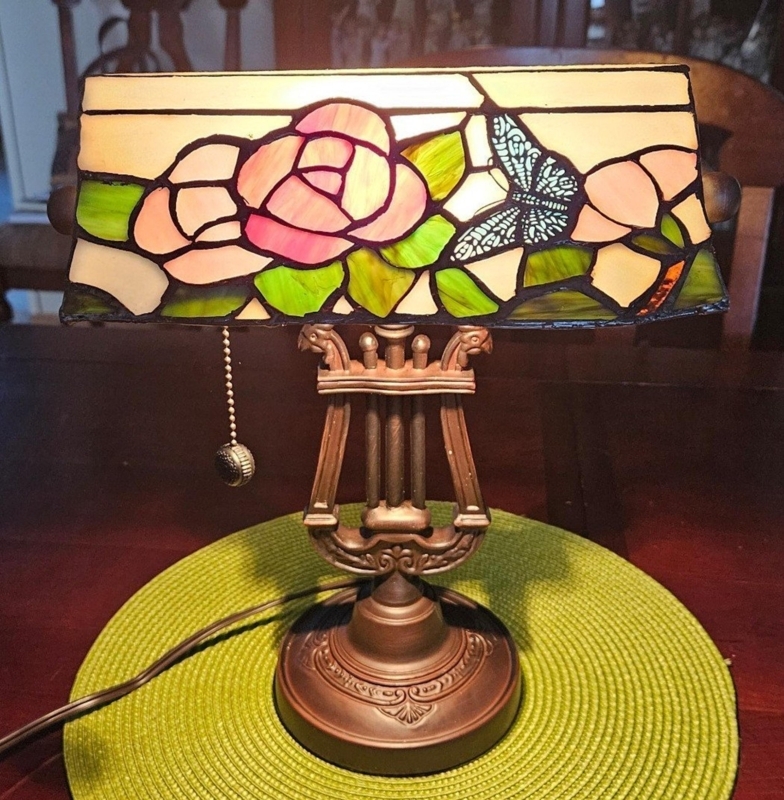 Banker Lamp Stained Glass Rose Butterfly Motif Lyre Base