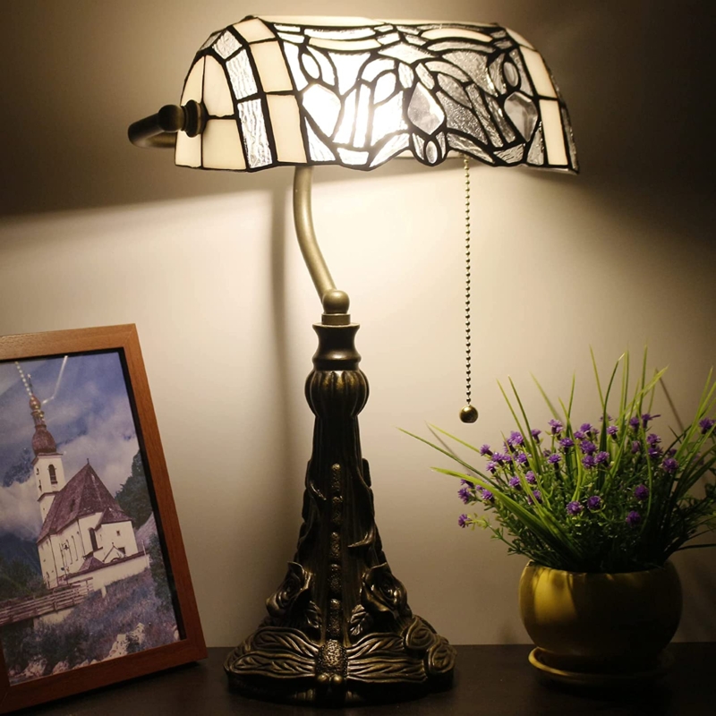 Banker Lamp White Stained Glass Dragonfly Base Pull Chain