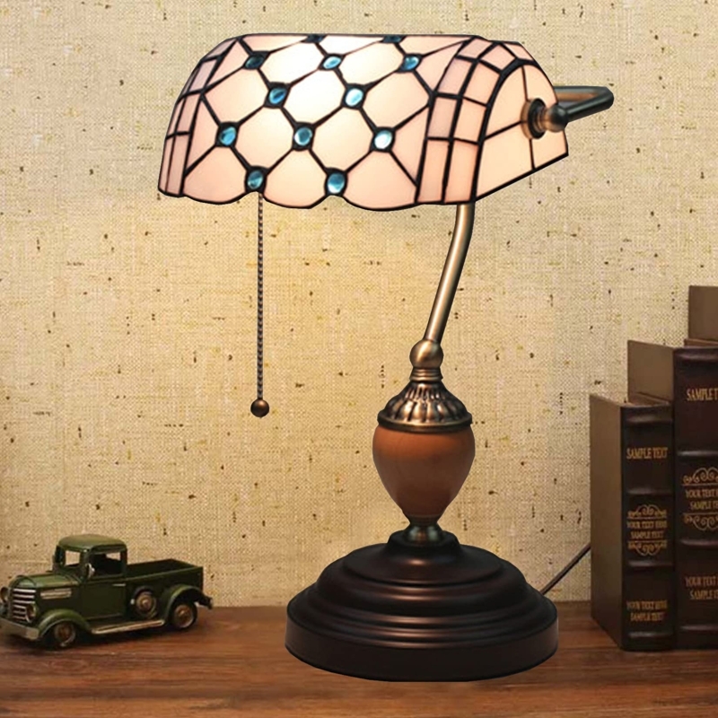 Bankers Lamp Diamond Lattice Shade Blue Cabochon Accents