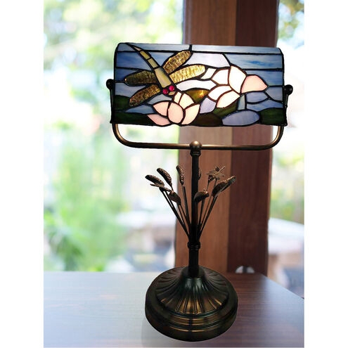 Bankers Lamp Dragonfly Motif Botanical Metal Stalks Bronze