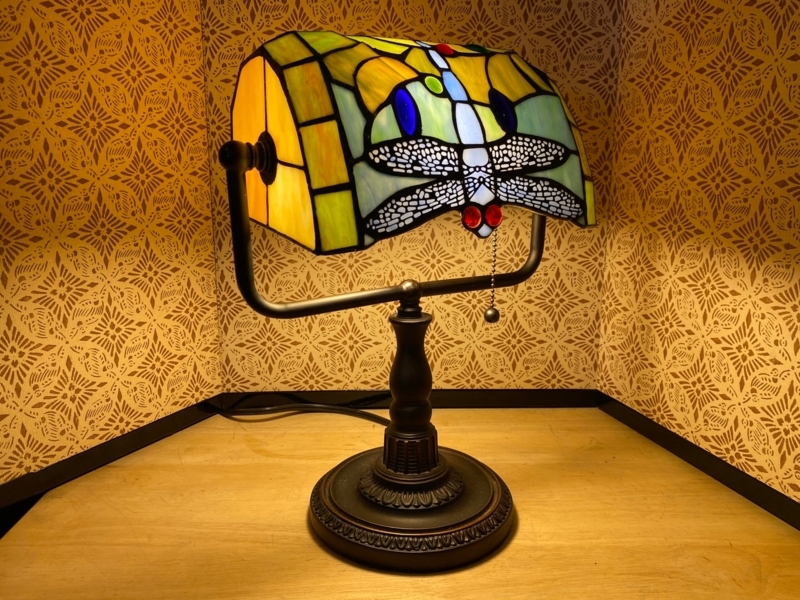 Bankers Lamp Dragonfly Stained Glass Filigree Wings Antique Bronze