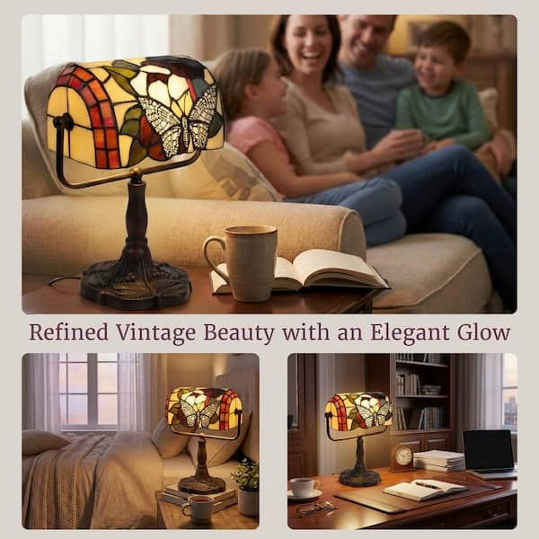 Bankers Lamp Integrated LED Stained Glass Butterfly Warm Amber