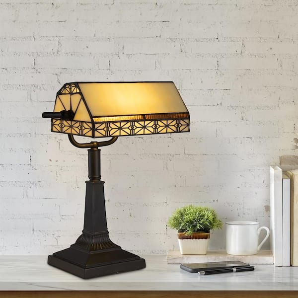 Bankers Lamp Mission Style Bronze Stepped Base Geometric Shade