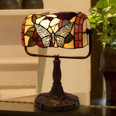 Bankers Lamp: Stained Glass Butterfly with Floral Pattern Relief Base