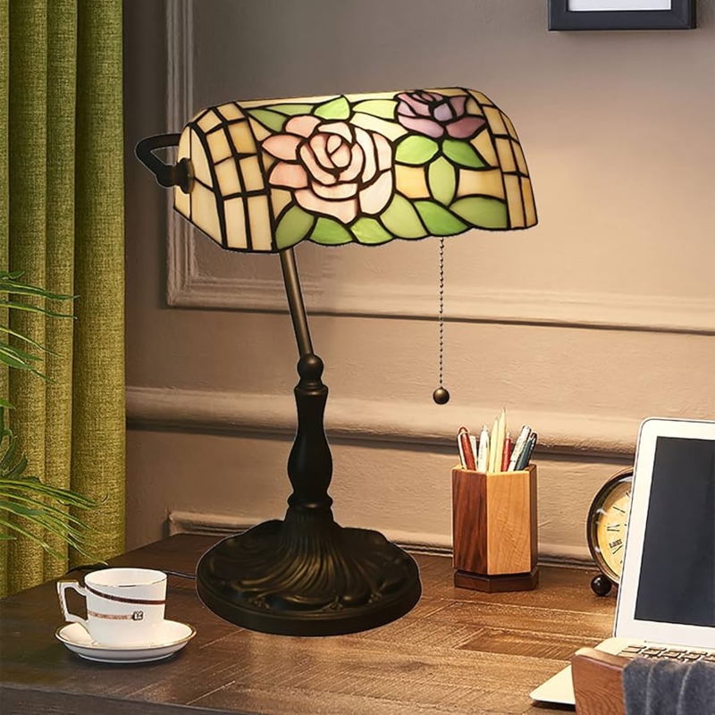 Bankers Lamp Stained Glass Floral Pastel Pink Scalloped Edge