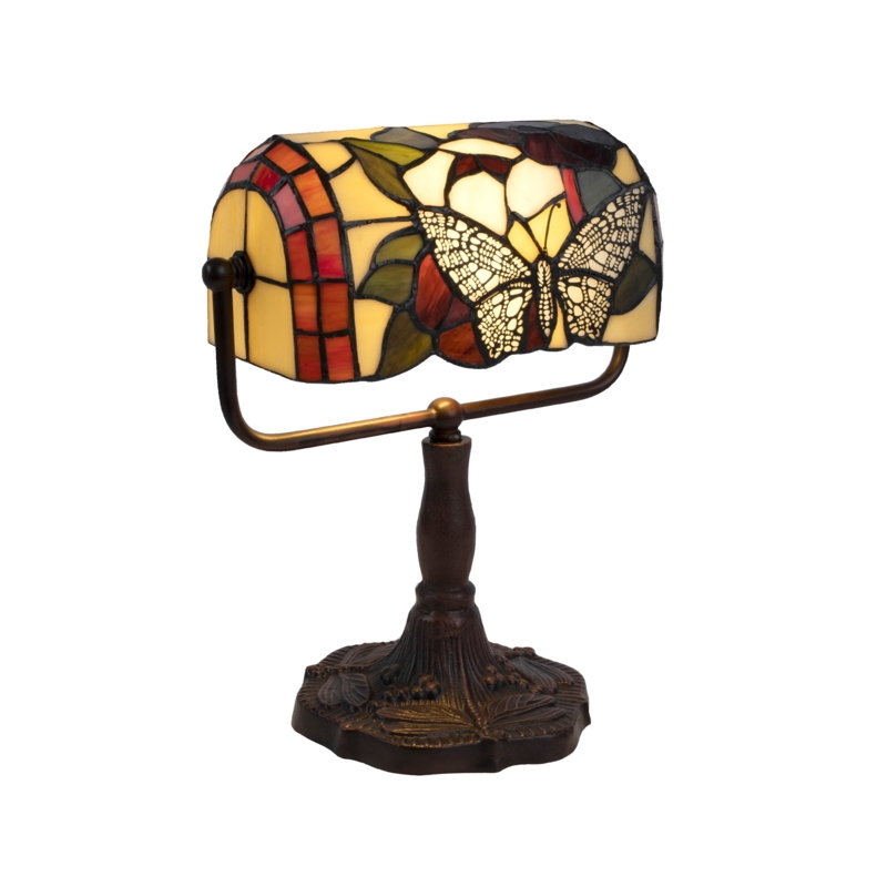 Bankers Lamp: Tiffany Style Butterfly Shade & Dragonfly Relief Base