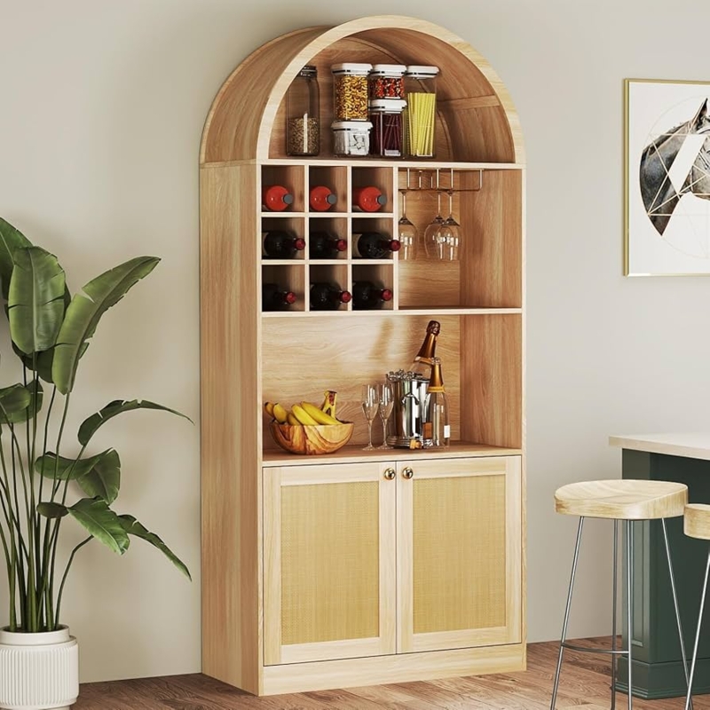 Bar Cabinet Arched Silhouette with Rattan Cane Inserts