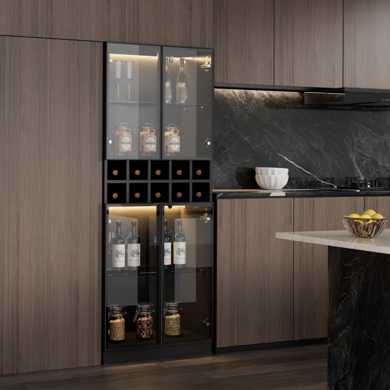 Bar Cabinet Built In Design Matte Black Wine Bottle Grid