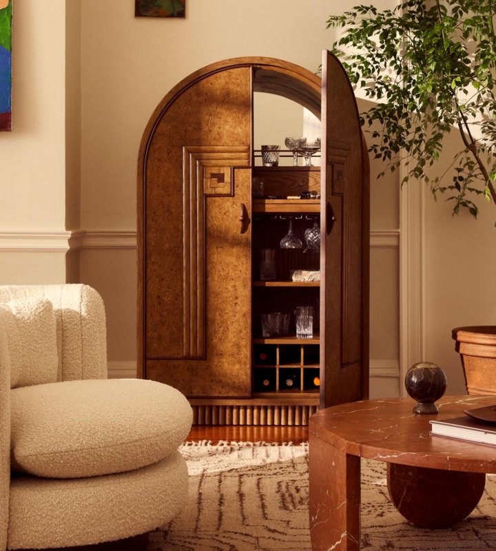 Bar Cabinet Fluted Base and Arched Silhouette