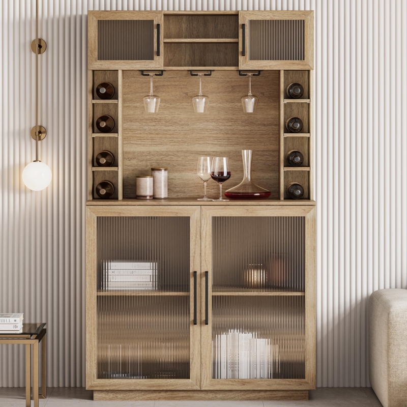 Bar Cabinet Fluted Glass Doors and Vertical Wine Racks