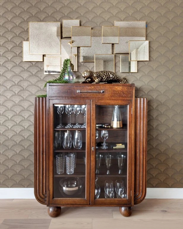Bar Cabinet Fluted Sides Ball Feet Art Deco Style Walnut Wood