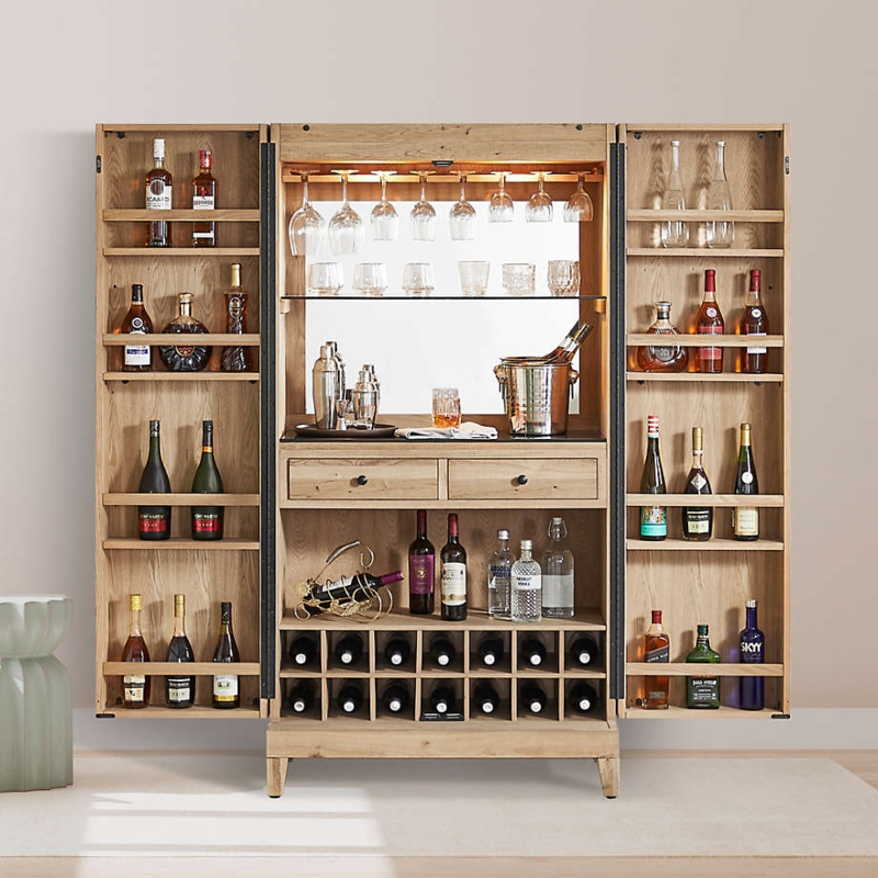 Bar Cabinet Fold Out Doors and Mirrored Back Storage