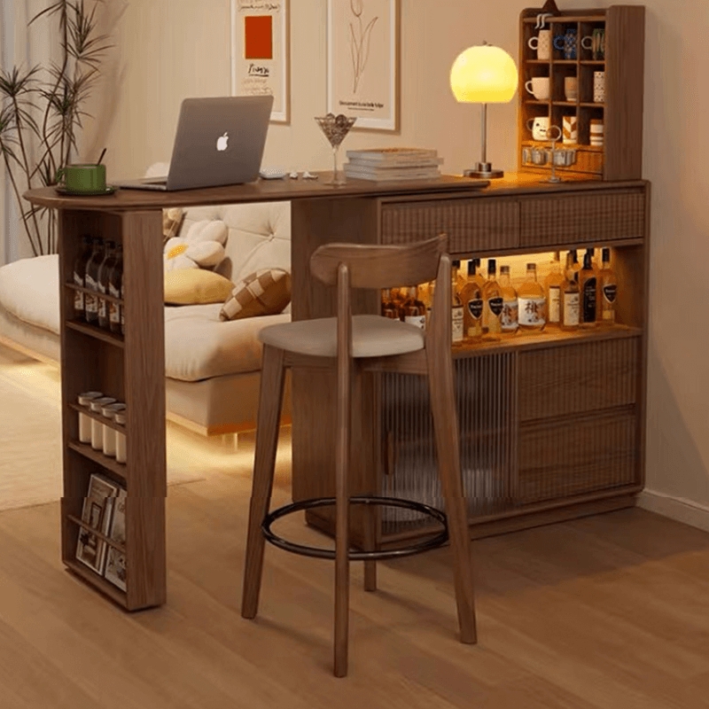 Bar Cabinet Japandi Walnut Retractable Top Reeded Glass