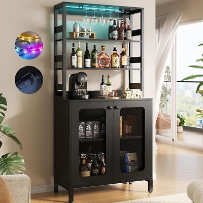 Bar Cabinet Matte Black Mesh Doors Integrated Power Outlets