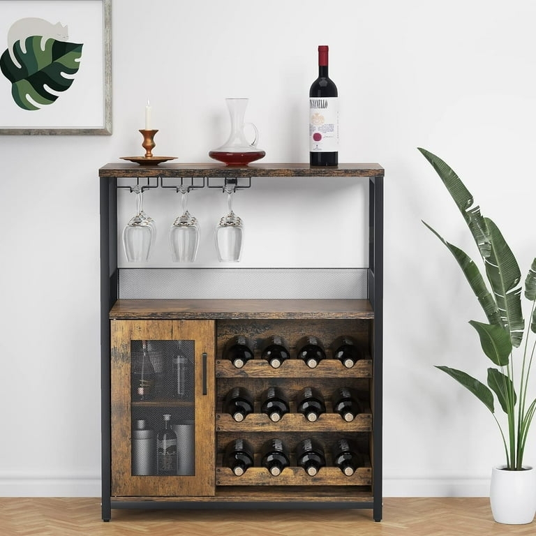 Bar Cabinet Rustic Brown Tiered Wine Racks Mesh Door