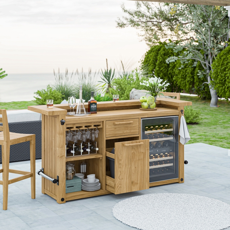 Bar Cabinet Wood Tiered Surface Integrated Wine Cooler Coastal