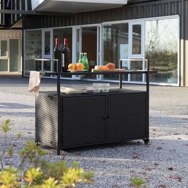 Bar Cart Black Resin Wicker Glass Top Two Door Cabinet Lockable