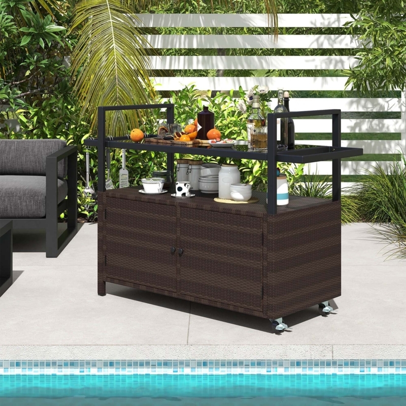 Bar Cart Chocolate Brown Wicker Metal Frame Top Rolling Storage
