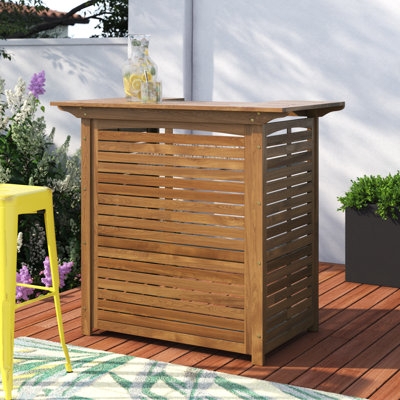 Bar Counter with Slatted Wood Panels and Honey Brown Finish