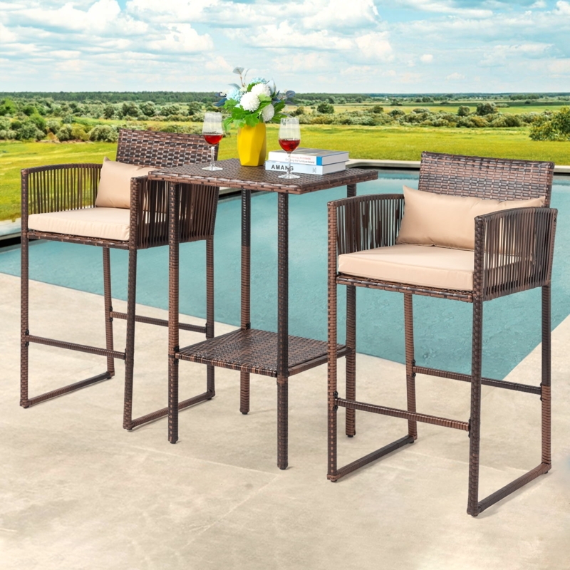 Bar Height Bistro Set Wicker Integrated Table Shelf Chestnut Chestnut