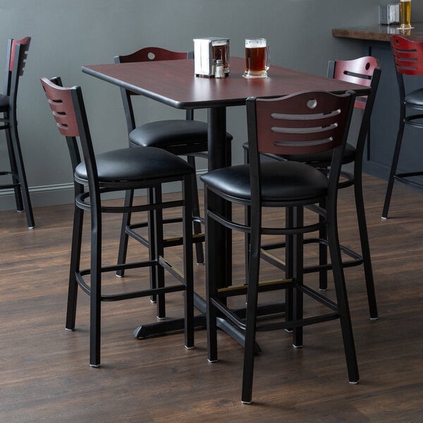 Bar Height Dining Set: Cherry Wood Pub Table, Brass Footrest Guard.