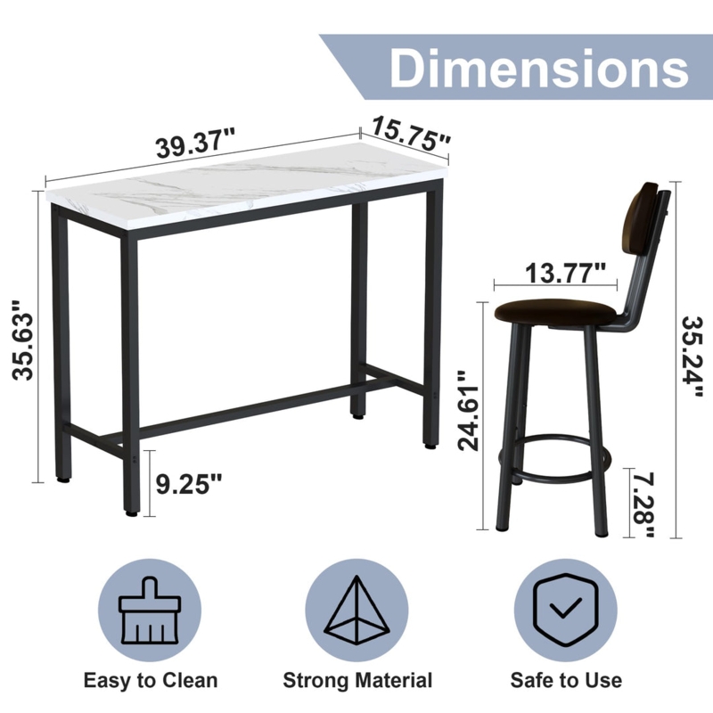 Bar Height Dining Set Faux Marble White Top Slim Rectangular Black Metal