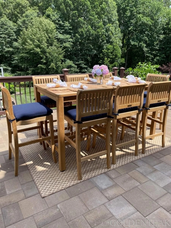 Bar Height Dining Set for 8 with Navy Cushions, Teak Slatted Wood Frame