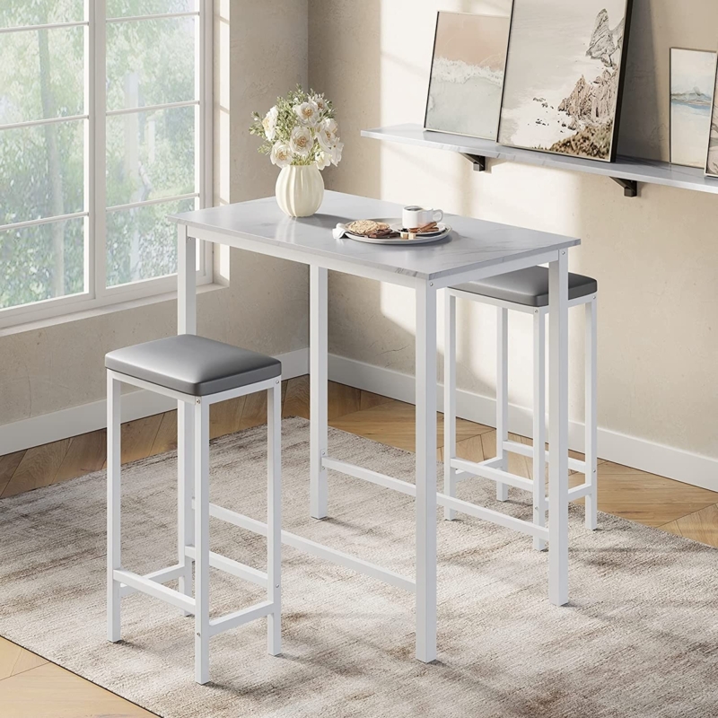 Bar Height Dining Set Metal Frame Gray Upholstered Stools Faux Marble