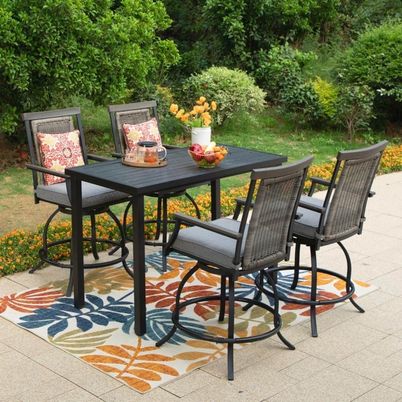 Bar Height Patio Set Rattan Backs Swivel Chairs Matte Black Gray