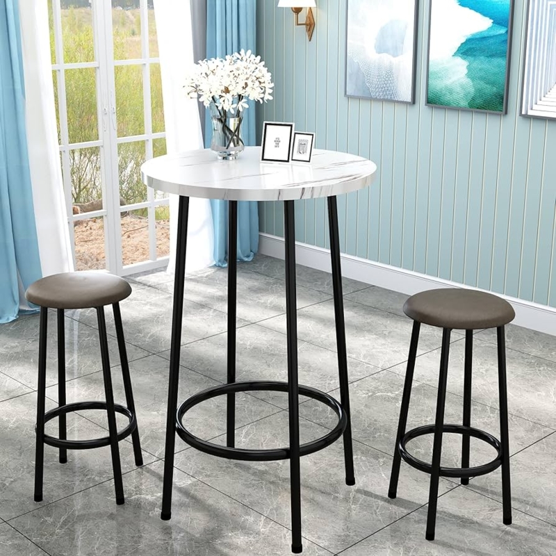 Bar Height Set: Marble Top, Slender Black Metal Legs. Modern Pub Table Set.