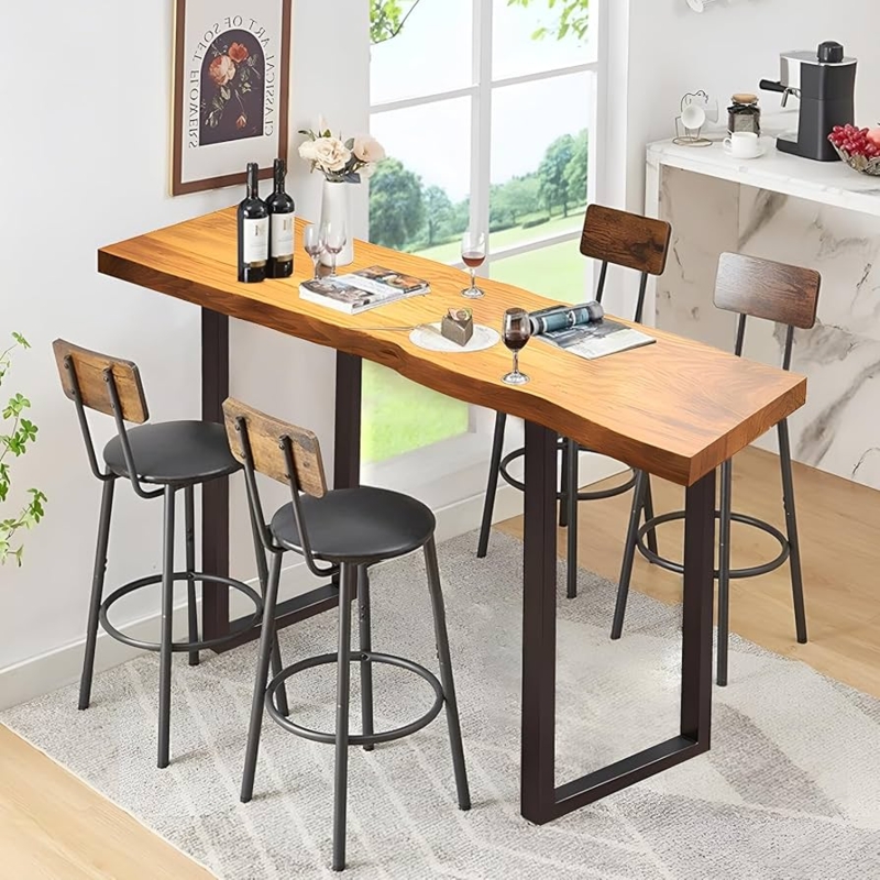 Bar Height Table Set Live Edge Wood Metal Frame Stools