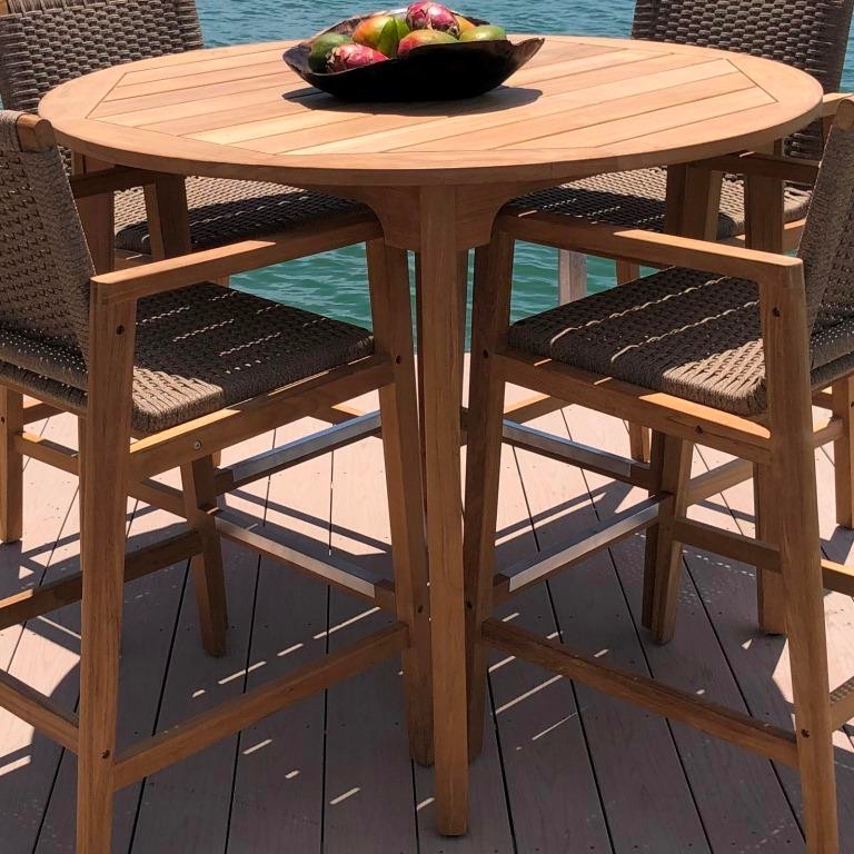 Bar Height Table Set with Woven Rope Stools, Round Slatted Teak Top
