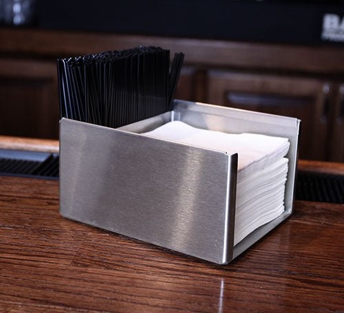 Bar Napkin Holder Brushed Metal Dual Compartment Industrial Organizer