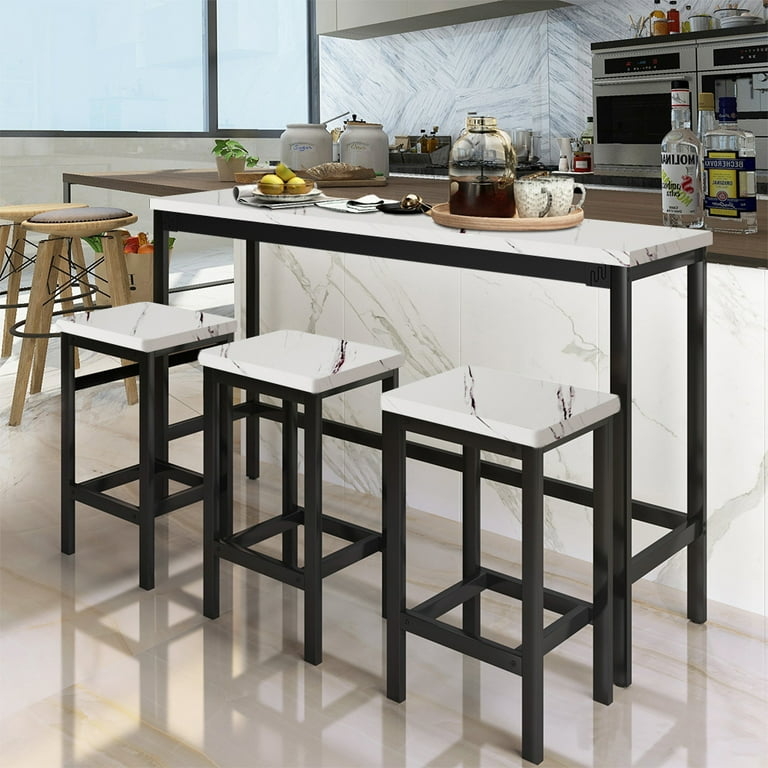 Bar Set Black Metal Frame Marble Top 4 Piece Backless Stools Small Space
