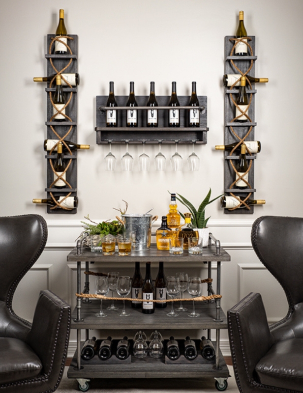 Bar Set: Charcoal Industrial Pipe Frame Cart with Rustic Rope Accents.