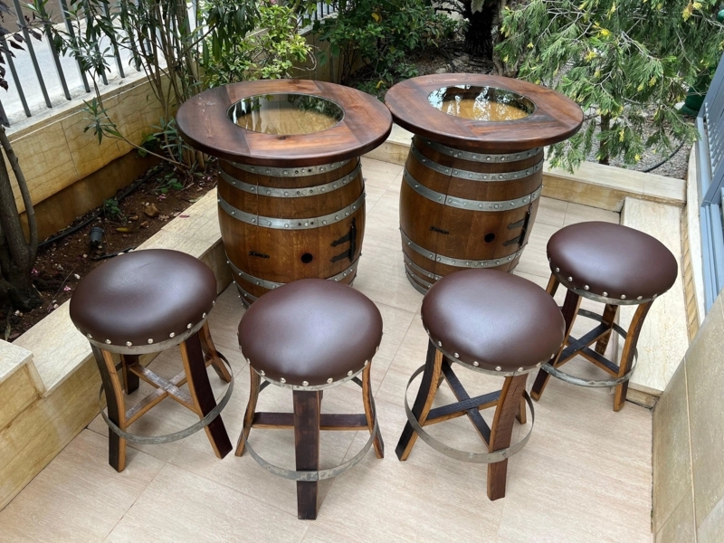 Bar Set Glass Insert Barrel Base Nailhead Trim Rustic Outdoor