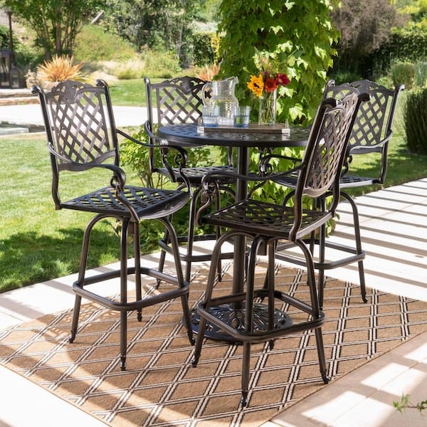 Bar Set Lattice Pattern Swivel Stools Dark Bronze Pedestal Base
