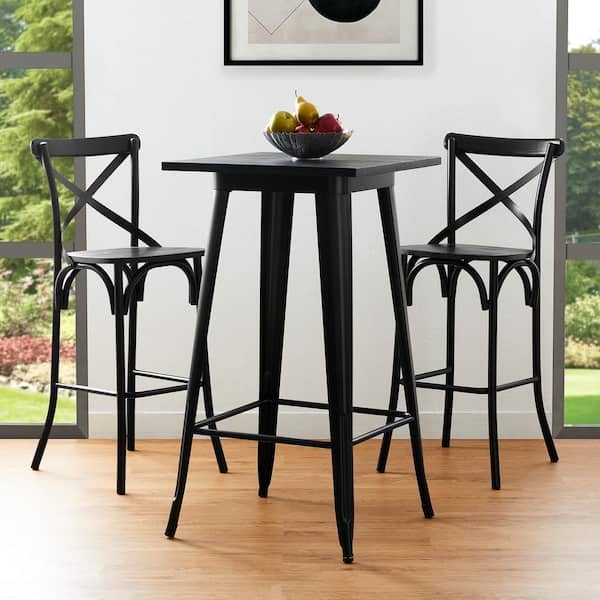 Bar Set: Matte Black Industrial Farmhouse, Square Top X-Back Chairs.