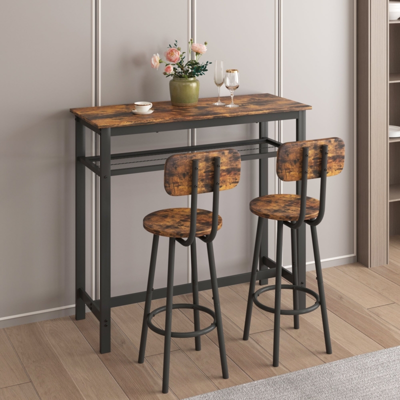 Bar Set, Rustic Modern 5-Piece with Mesh Storage Shelf and Veneer