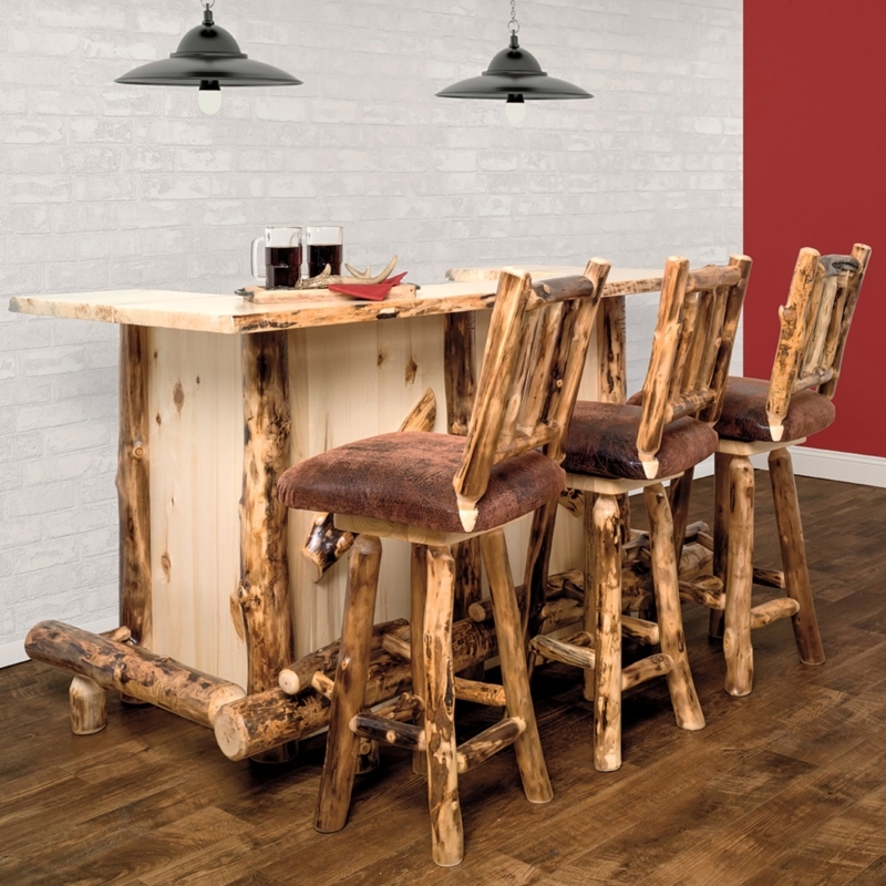 Bar Set Rustic Timber Log Construction with Textured Brown Seats