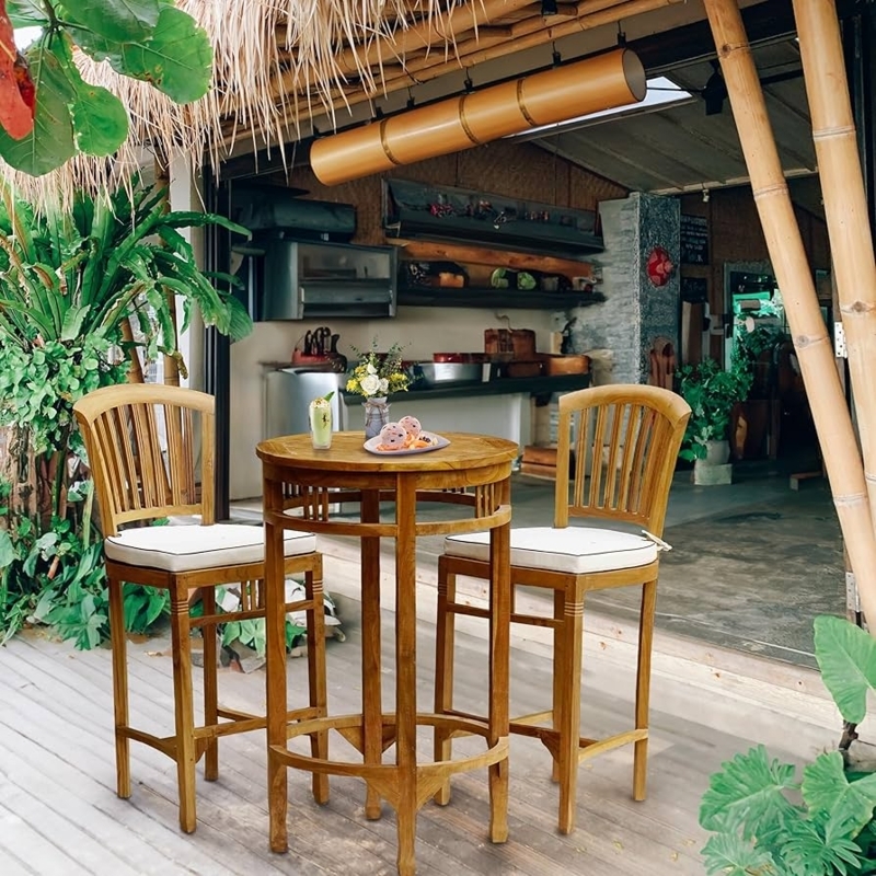 Bar Set with Footrest Ring and Slatted Back Stools for Tropical Patio