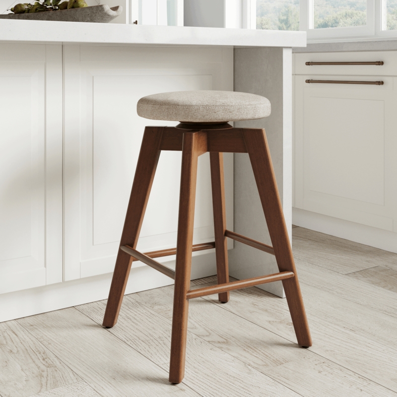 Bar Stool Antique Coffee Finish Round Fabric Swivel Seat Backless